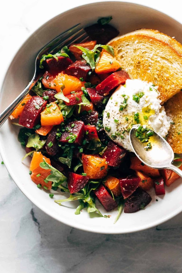 Beet and burrata salad in a bowl.