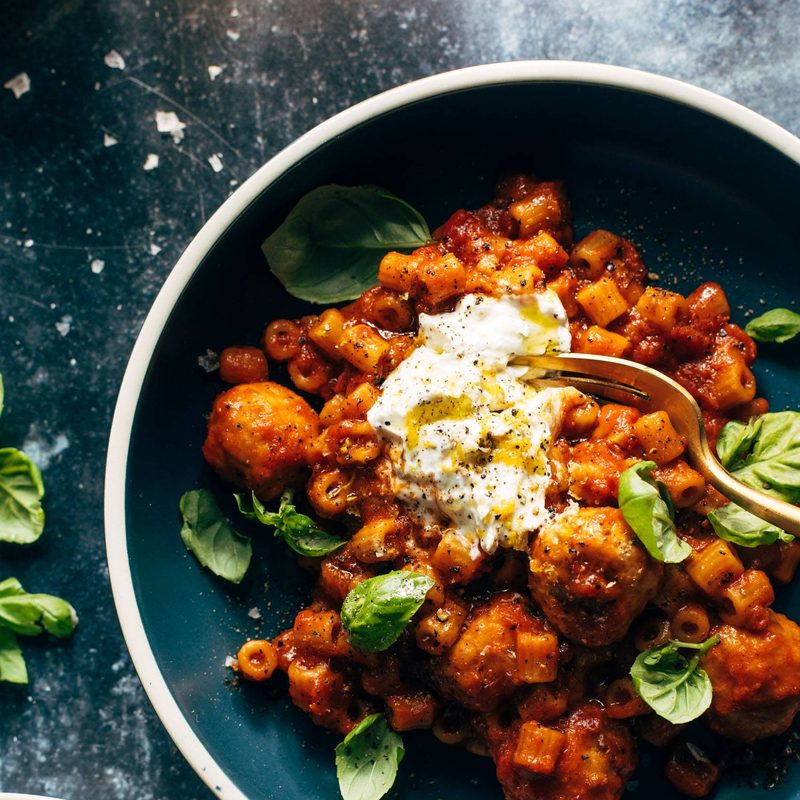 A picture of Instant Pot Pasta and Meatballs with Lemon Herb Ricotta