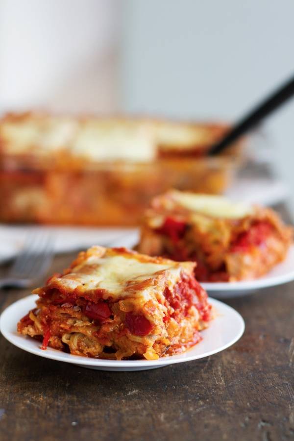 Whole wheat roasted veggie lasagna on a plate.