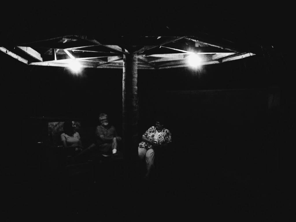 Black and white photo outside.