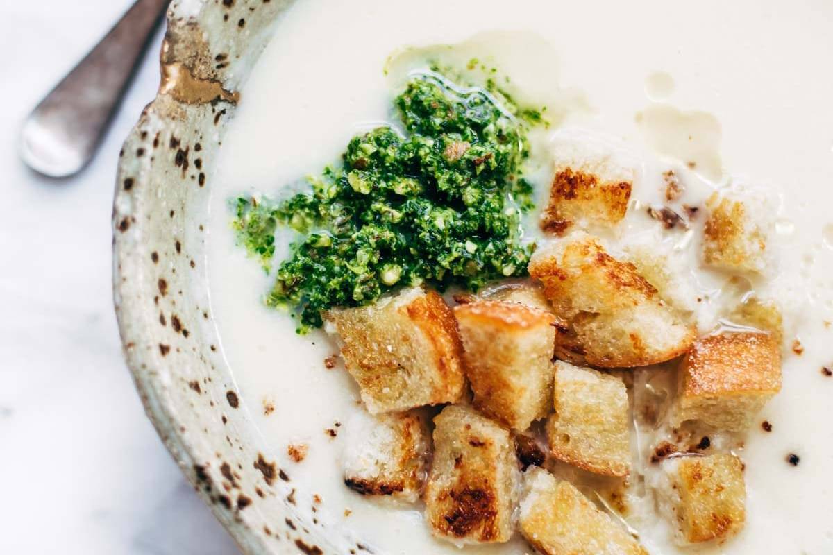 Cheesy Cauliflower Soup with croutons.