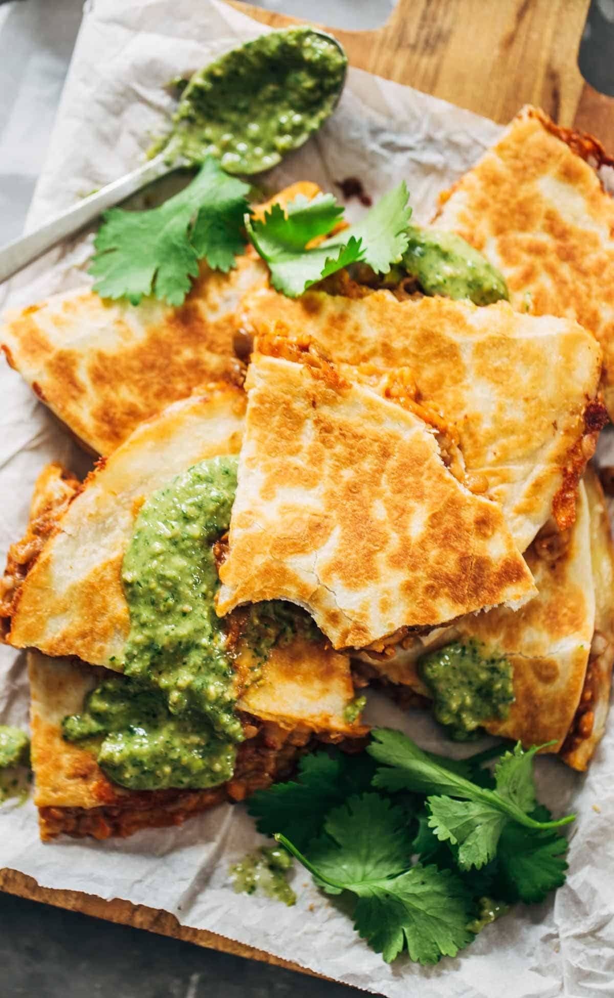 Quesadilla with magic green sauce.